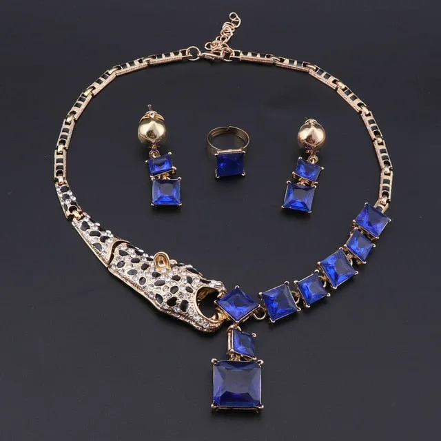 Gold Color Leopard Blue Crystal Necklace, Earrings & Ring Wedding Statement Jewelry Set