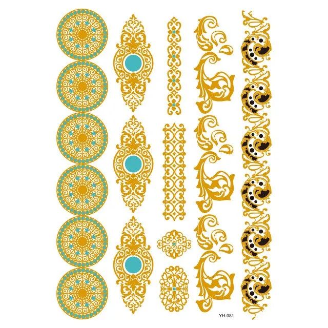 Gold Metallic Temporary Tattoos Feathers Mandalas Sun Moon Star Aztec Butterflies Flowers Elephant 41 Different Styles! You Choose Body Jewelry For Festivals & Beach Wear As Bracelets Upper Arm Bands Necklaces Rings