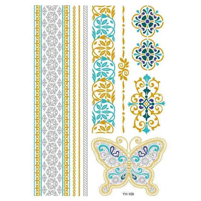 Gold Metallic Temporary Tattoos Feathers Mandalas Sun Moon Star Aztec Butterflies Flowers Elephant 41 Different Styles! You Choose Body Jewelry For Festivals & Beach Wear As Bracelets Upper Arm Bands Necklaces Rings