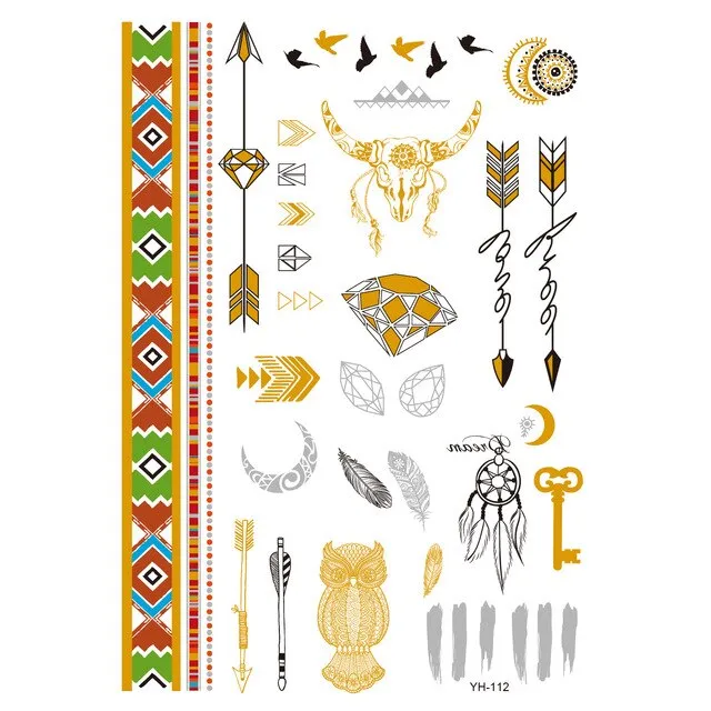 Gold Metallic Temporary Tattoos Feathers Mandalas Sun Moon Star Aztec Butterflies Flowers Elephant 41 Different Styles! You Choose Body Jewelry For Festivals & Beach Wear As Bracelets Upper Arm Bands Necklaces Rings