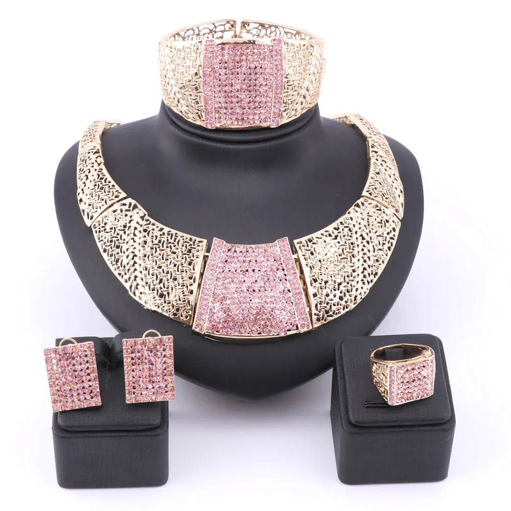 Gold-Plated Pink Austrian Crystal and Rhinestone Necklace, Bracelet, Earrings & Ring Wedding Jewelry Set