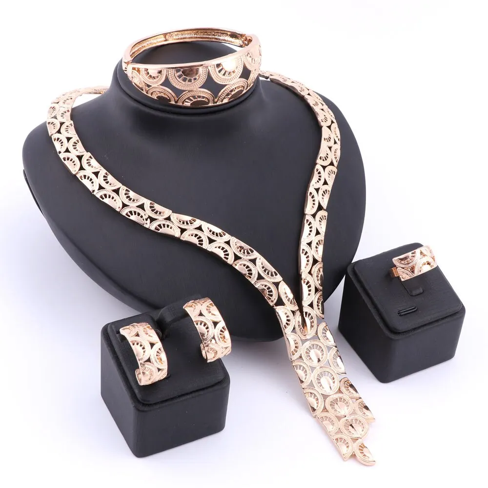 Gold-Plated Steel with Geometric Patterns Necklace, Bracelet, Earrings & Ring Wedding Jewelry Set