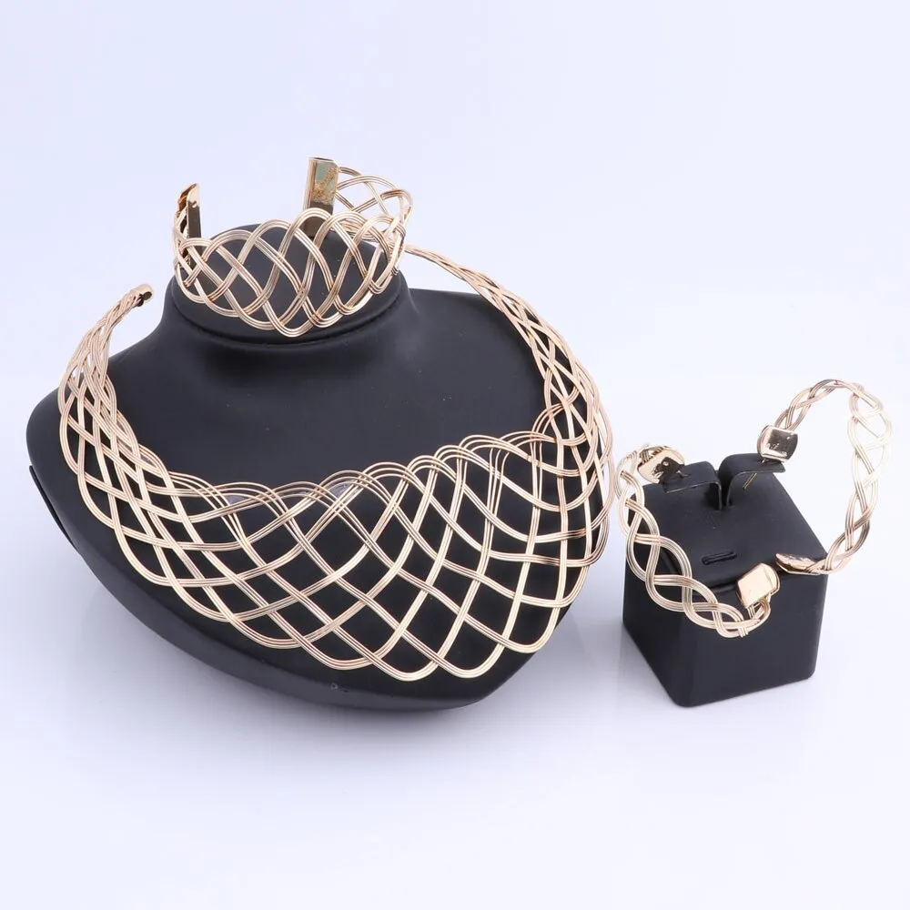 Gold-Plated Weaved Design Necklace, Bracelet & Earrings Wedding Statement Jewelry Set