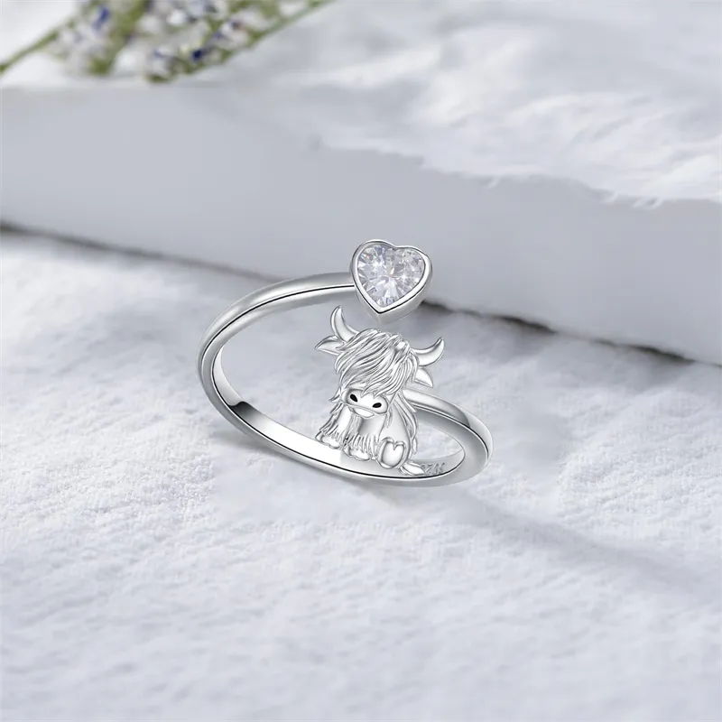 Highland Cow Open Ring 925 Sterling Silver Adjustable Cute Cow Rings Fluffy Highland Cow Ring with Loving Heart Highland Cow Jewelry