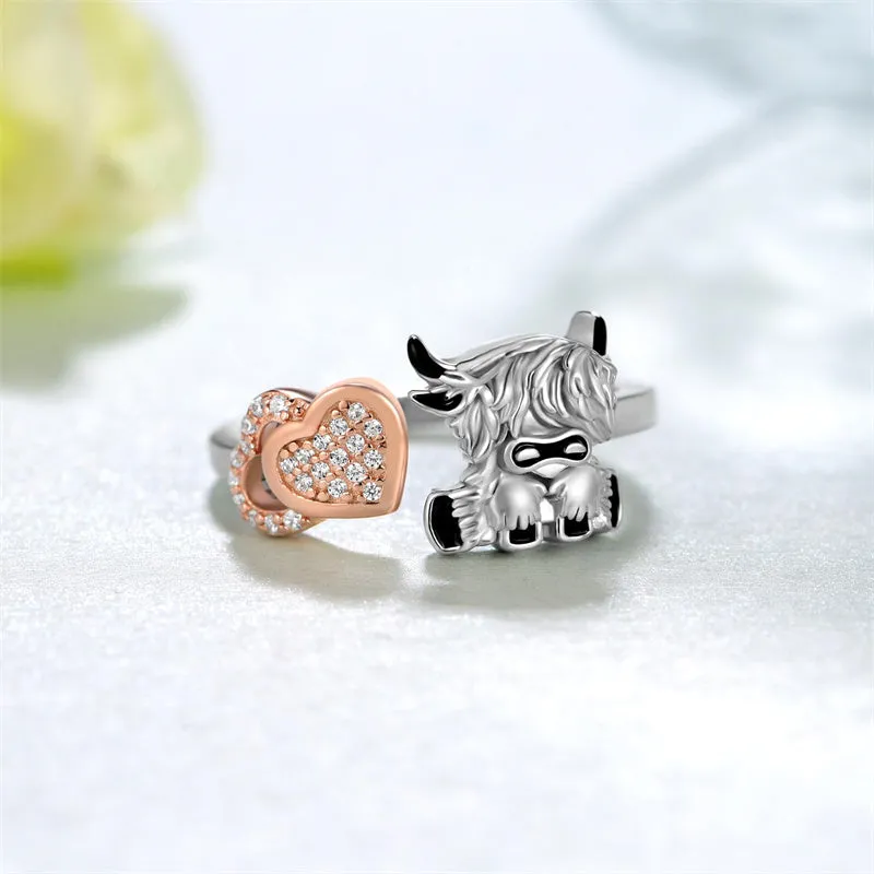 Highland Cow Ring 925 Sterling Silver Cute Cow Adjustable Rings Highland Cow Jewelry Gifts for Women Girls