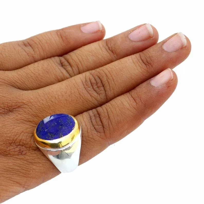 Lapis Lazuli Men's Two Tone Solid 925 Silver Ring, Handcrafted Engagement Jewelry, Anniversary Gift