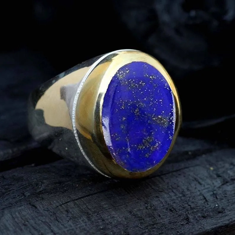 Lapis Lazuli Men's Two Tone Solid 925 Silver Ring, Handcrafted Engagement Jewelry, Anniversary Gift