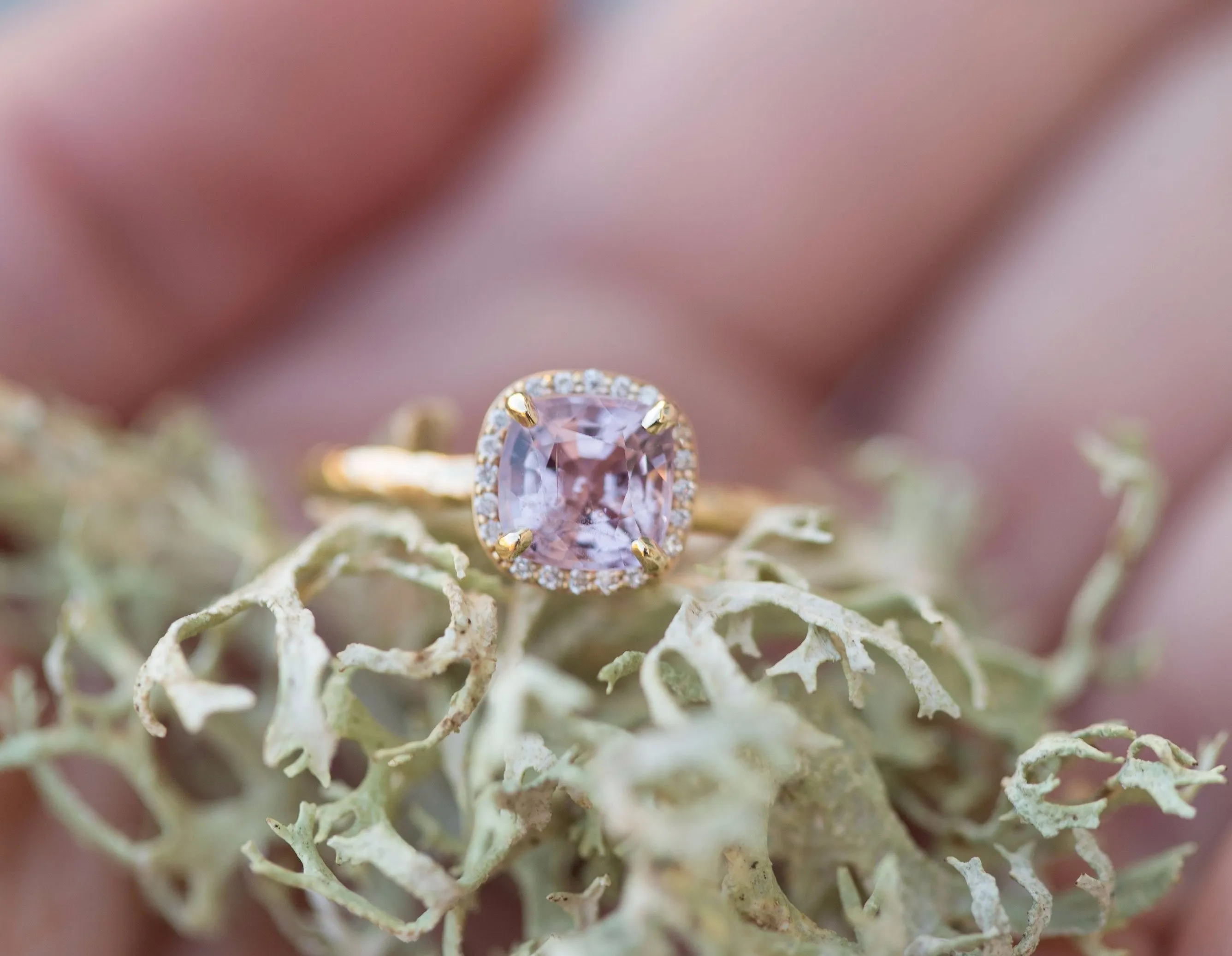 Lavender Lilac Cushion Spinel and Diamond Engagement Ring in Hand Carved Recycled Yellow Gold Earthy Setting - Gemstone Engagement Ring by Anueva Jewelry