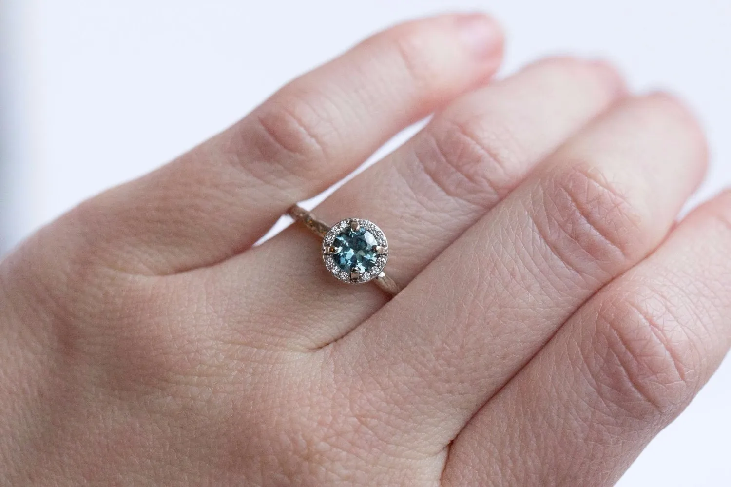 Light Teal Montana Sapphire in White Gold Diamond Halo - Hand Carved Eclectic Band and Antique-inspired setting - Sapphire Engagement Ring by Anueva Jewelry