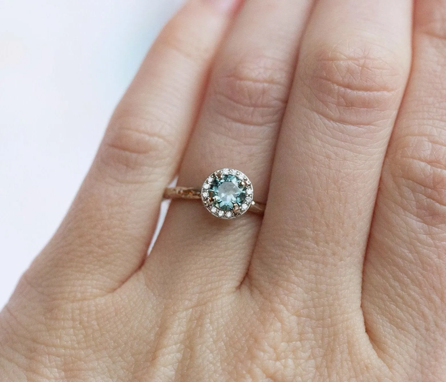 Light Teal Montana Sapphire in White Gold Diamond Halo - Hand Carved Eclectic Band and Antique-inspired setting - Sapphire Engagement Ring by Anueva Jewelry