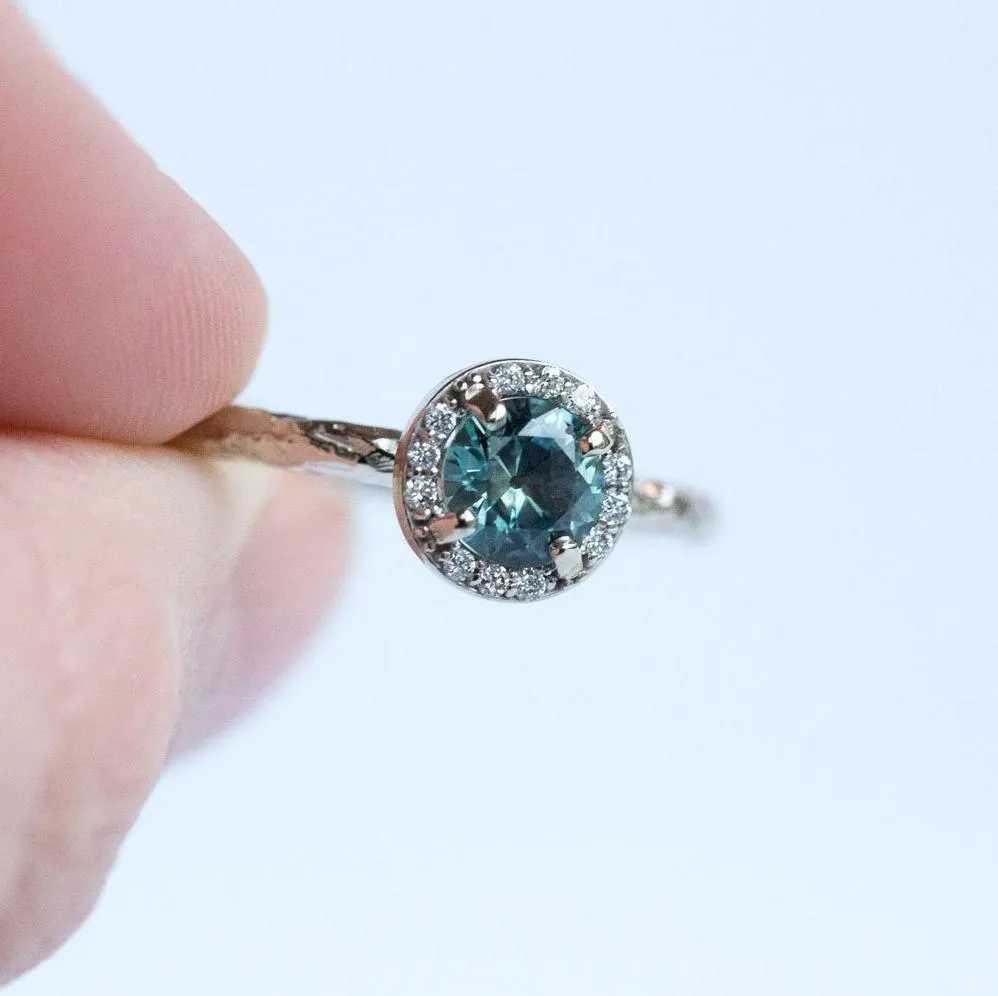 Light Teal Montana Sapphire in White Gold Diamond Halo - Hand Carved Eclectic Band and Antique-inspired setting - Sapphire Engagement Ring by Anueva Jewelry