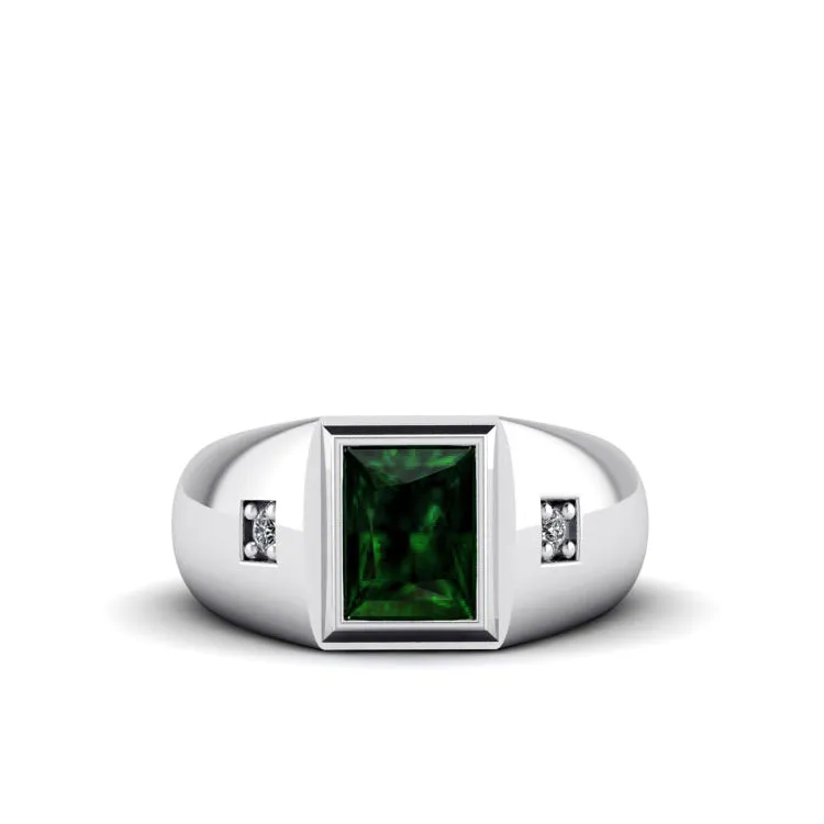 Men's Gold Signet Ring Natural Diamonds with 2.40ct Emerald Gemstone Male Classic Wedding Jewelry