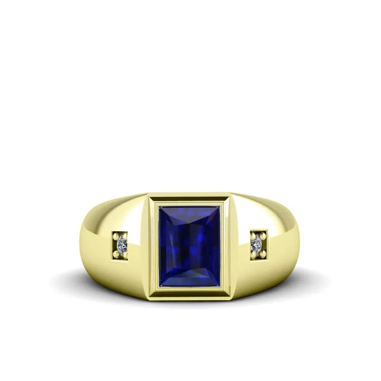 Men's Sapphire Ring with 0.06ct Genuine Diamonds in Gold-Plated Silver Wedding Jewelry