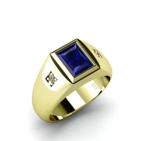 Men's Sapphire Ring with 0.06ct Genuine Diamonds in Gold-Plated Silver Wedding Jewelry