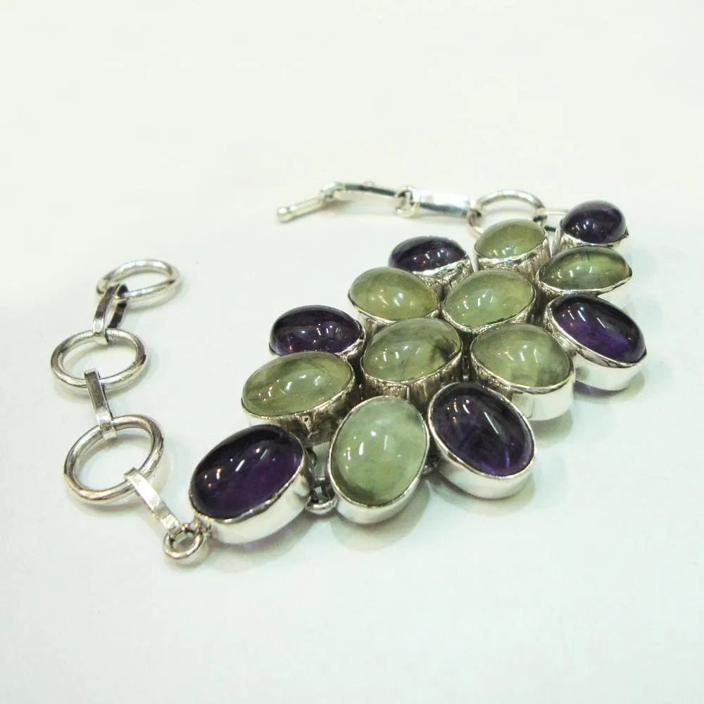 Moss Prehnite & Amethyst Link Chain Bracelet, Wedding Gift , 925 Sterling Silver Handcrafted stone bracelet Jewelry for unisex