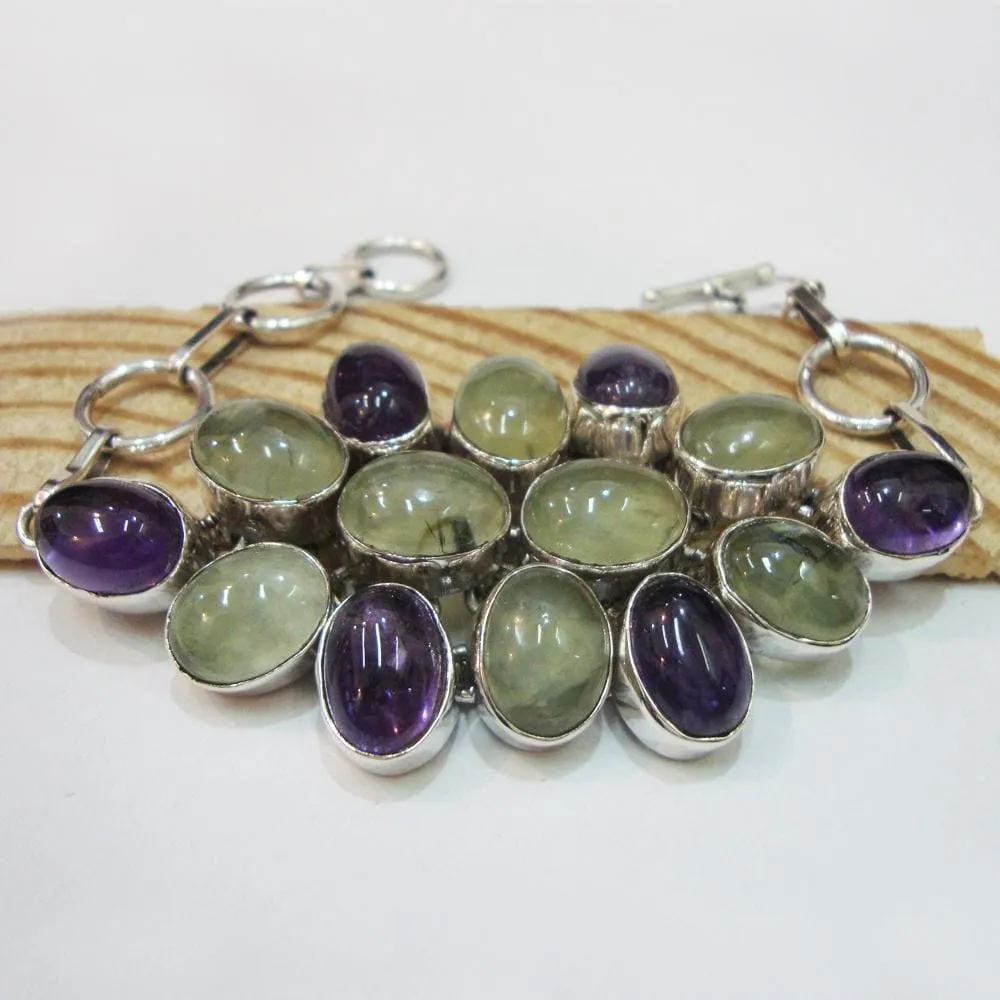 Moss Prehnite & Amethyst Link Chain Bracelet, Wedding Gift , 925 Sterling Silver Handcrafted stone bracelet Jewelry for unisex