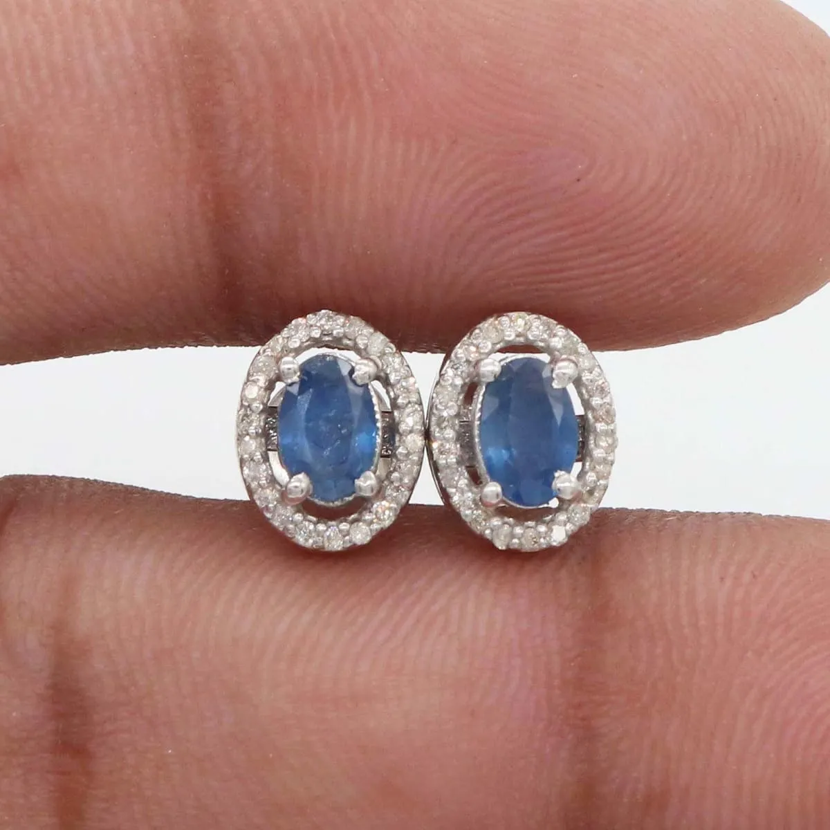 Natural & Real Diamond Natural Sapphire Handmade 925 Solid Sterling Silver Stud Earrings Wedding Jewelry