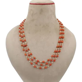 Natural Coral Beads and Pearl Three Line Necklace Jewelry for Gift, round coral Necklace Wedding Bridal Bridesmaid Necklace