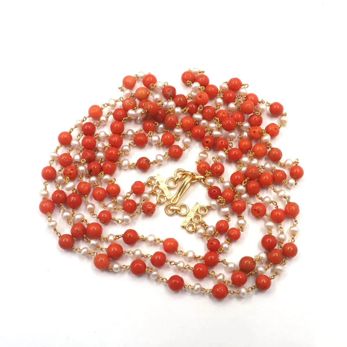 Natural Coral Beads and Pearl Three Line Necklace Jewelry for Gift, round coral Necklace Wedding Bridal Bridesmaid Necklace