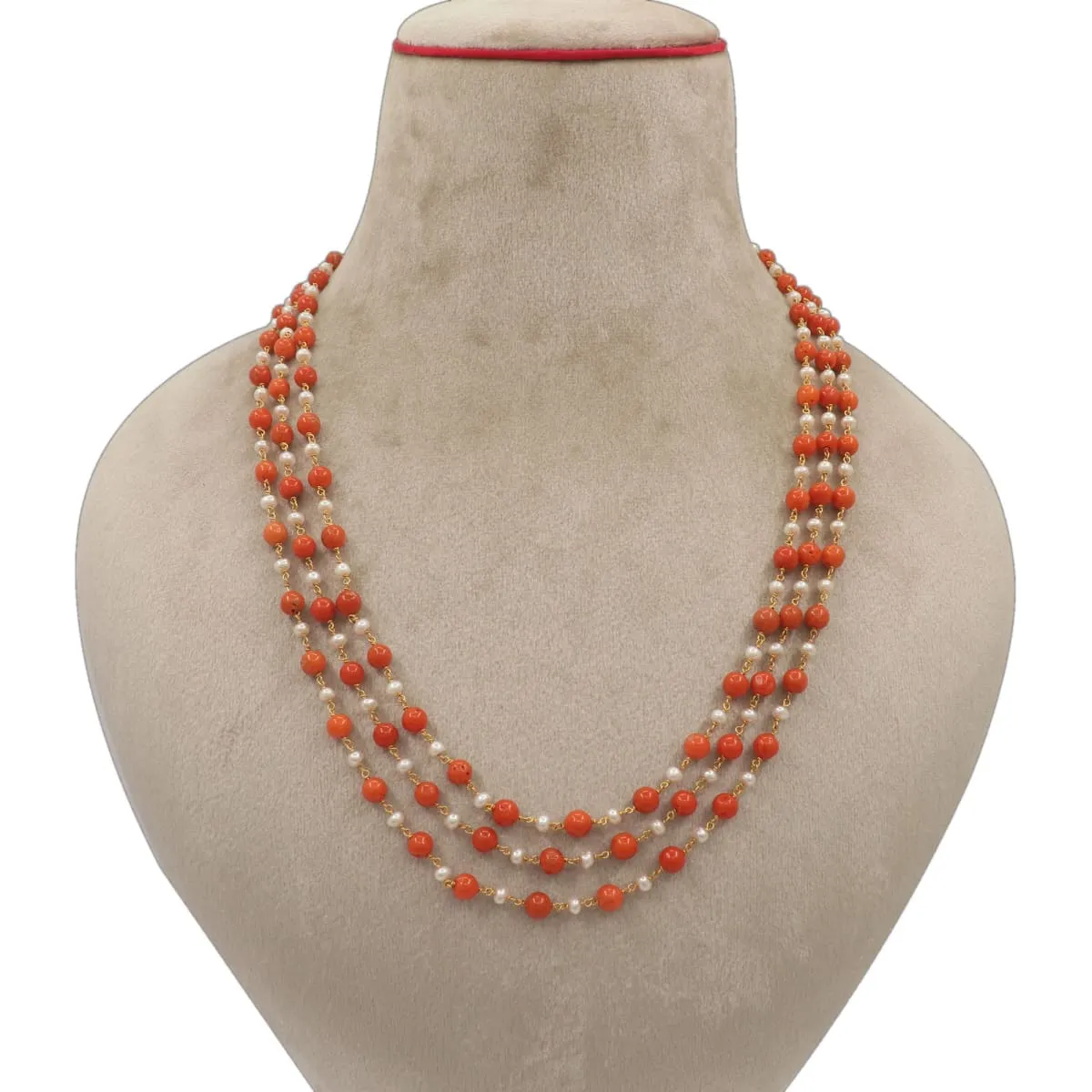 Natural Coral Beads and Pearl Three Line Necklace Jewelry for Gift, round coral Necklace Wedding Bridal Bridesmaid Necklace