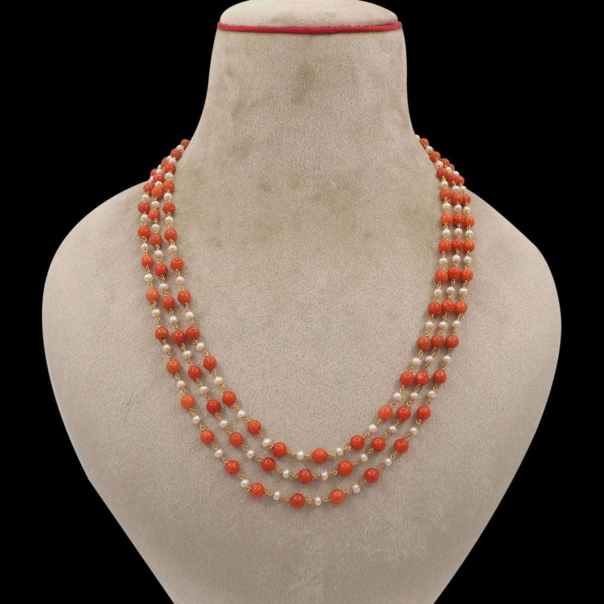 Natural Coral Beads and Pearl Three Line Necklace Jewelry for Gift, round coral Necklace Wedding Bridal Bridesmaid Necklace