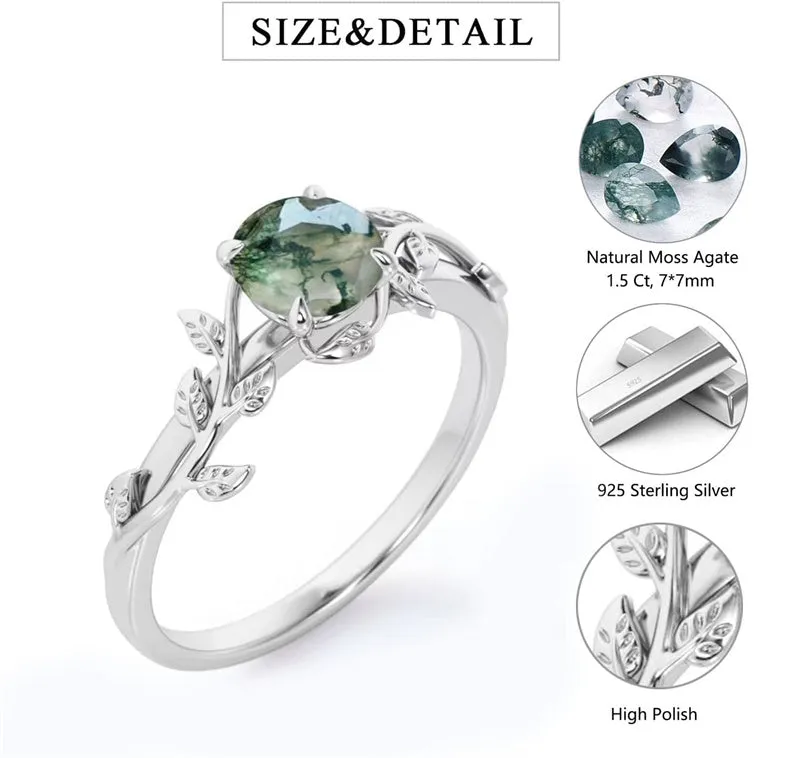 Natural Green Moss Agate Ring 925 Sterling Silver Promise Ring Engagement Wedding Jewelry Gift for Women Valentine's Day