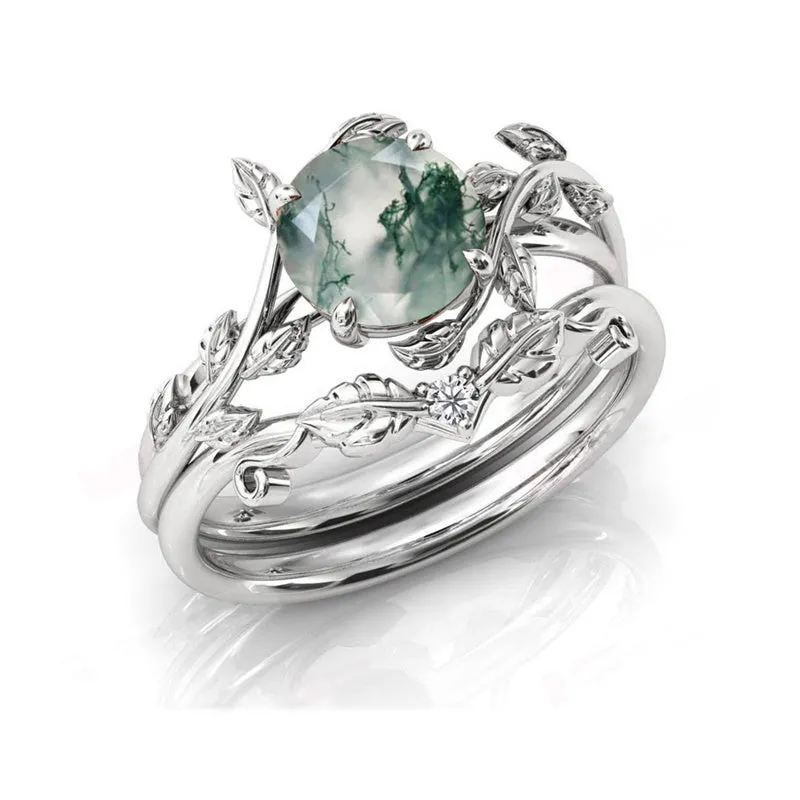 Natural Moss Agate Ring 925 Sterling Silver Moss Agate Engagement Ring Set Promise Wedding Ring Jewelry Gift for Women