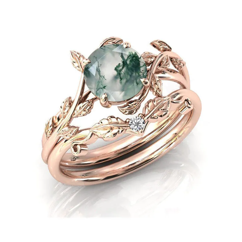 Natural Moss Agate Ring 925 Sterling Silver Moss Agate Engagement Ring Set Promise Wedding Ring Jewelry Gift for Women