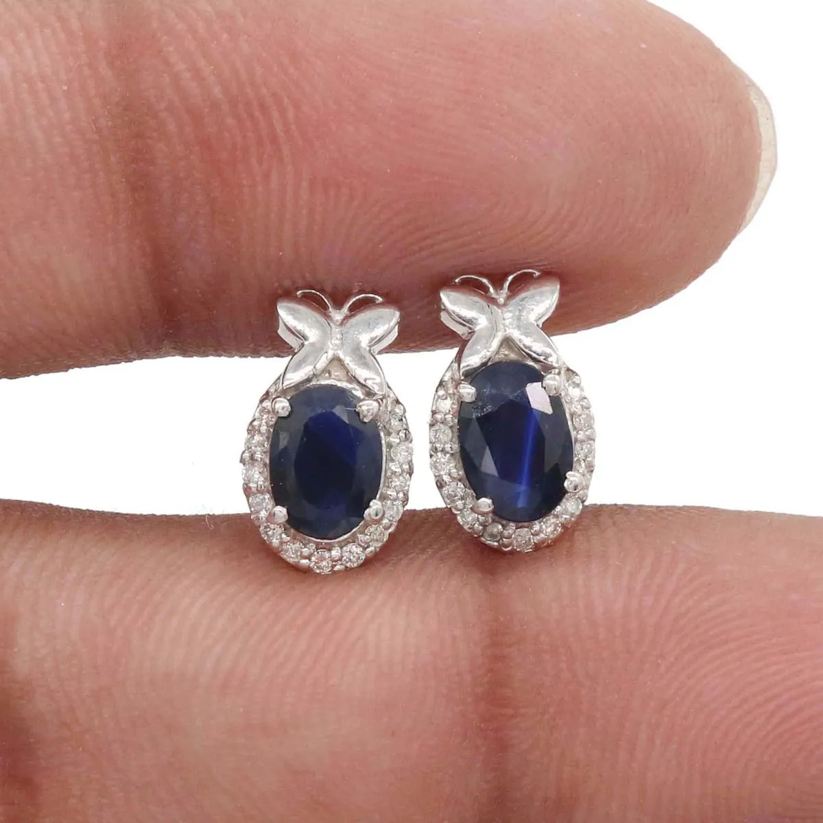 Natural Sapphire diamond Handmade 925 Solid Sterling Silver Stud Earrings, Wedding Jewelry