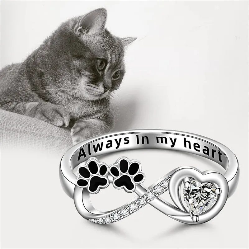 Paw Print Ring Infinity Rings for Women Always in My Heart Sterling Silver Animal Memorial Pet Jewelry Gifts Size7-9