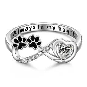 Paw Print Ring Infinity Rings for Women Always in My Heart Sterling Silver Animal Memorial Pet Jewelry Gifts Size7-9