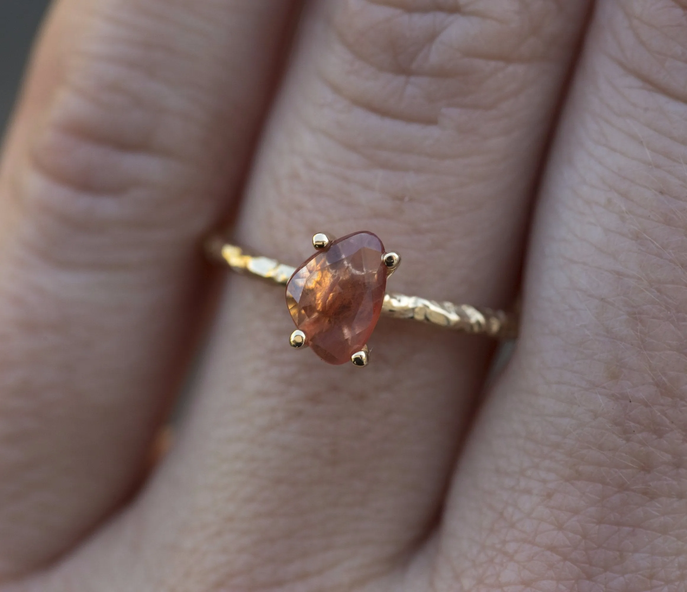 Peach Rosecut Sapphire and Dainty Carved Yellow Gold Solitaire Engagement Ring- Low Profile Rosecut Ring - Skinny Band - Asymmetrical hand carved by Anueva Jewelry