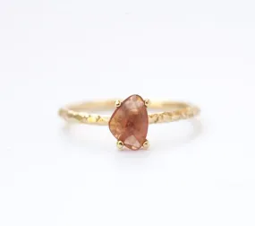 Peach Rosecut Sapphire and Dainty Carved Yellow Gold Solitaire Engagement Ring- Low Profile Rosecut Ring - Skinny Band - Asymmetrical hand carved by Anueva Jewelry