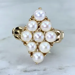 Pearl Cluster Ring in 14K Yellow Gold. Estate Jewelry.  June Birthstone. Unique Engagement Ring.