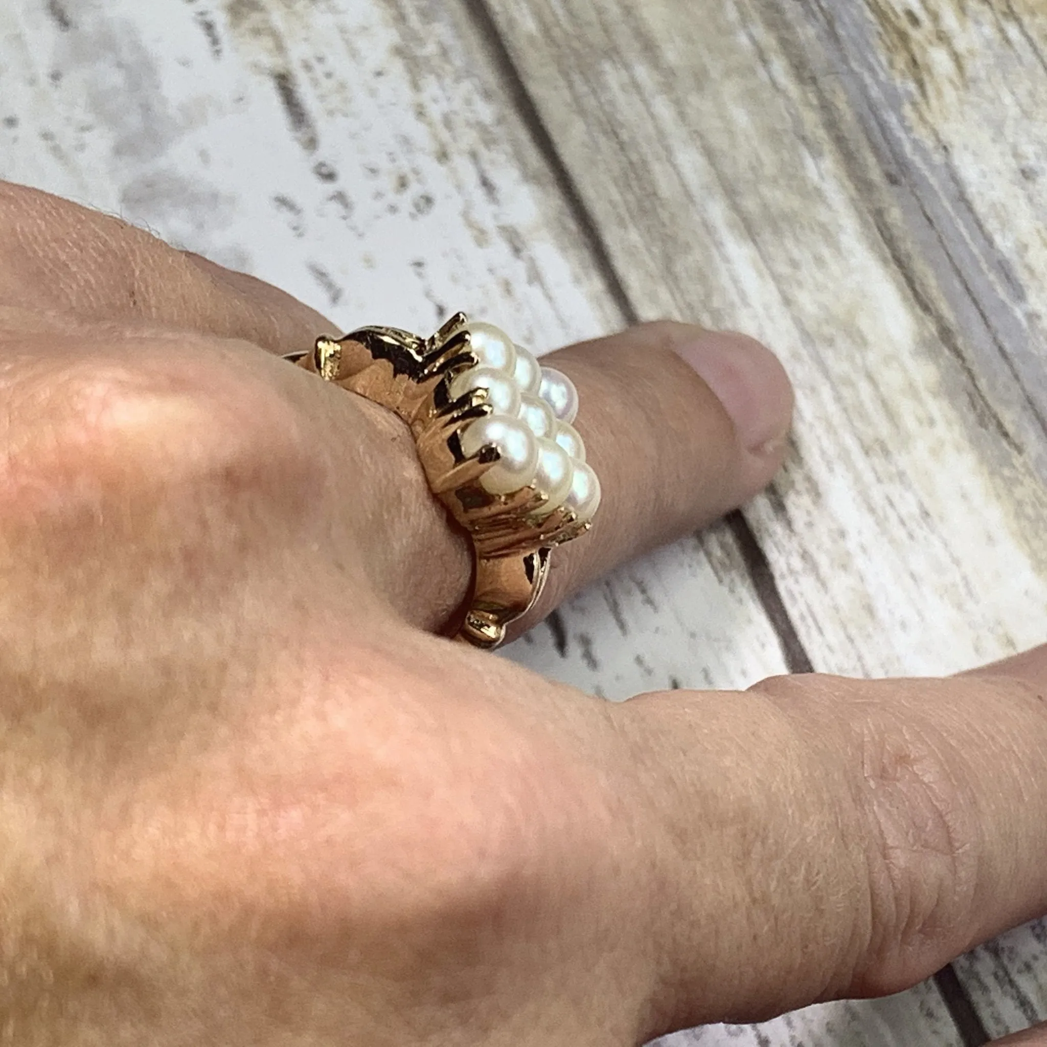 Pearl Cluster Ring in 14K Yellow Gold. Estate Jewelry.  June Birthstone. Unique Engagement Ring.