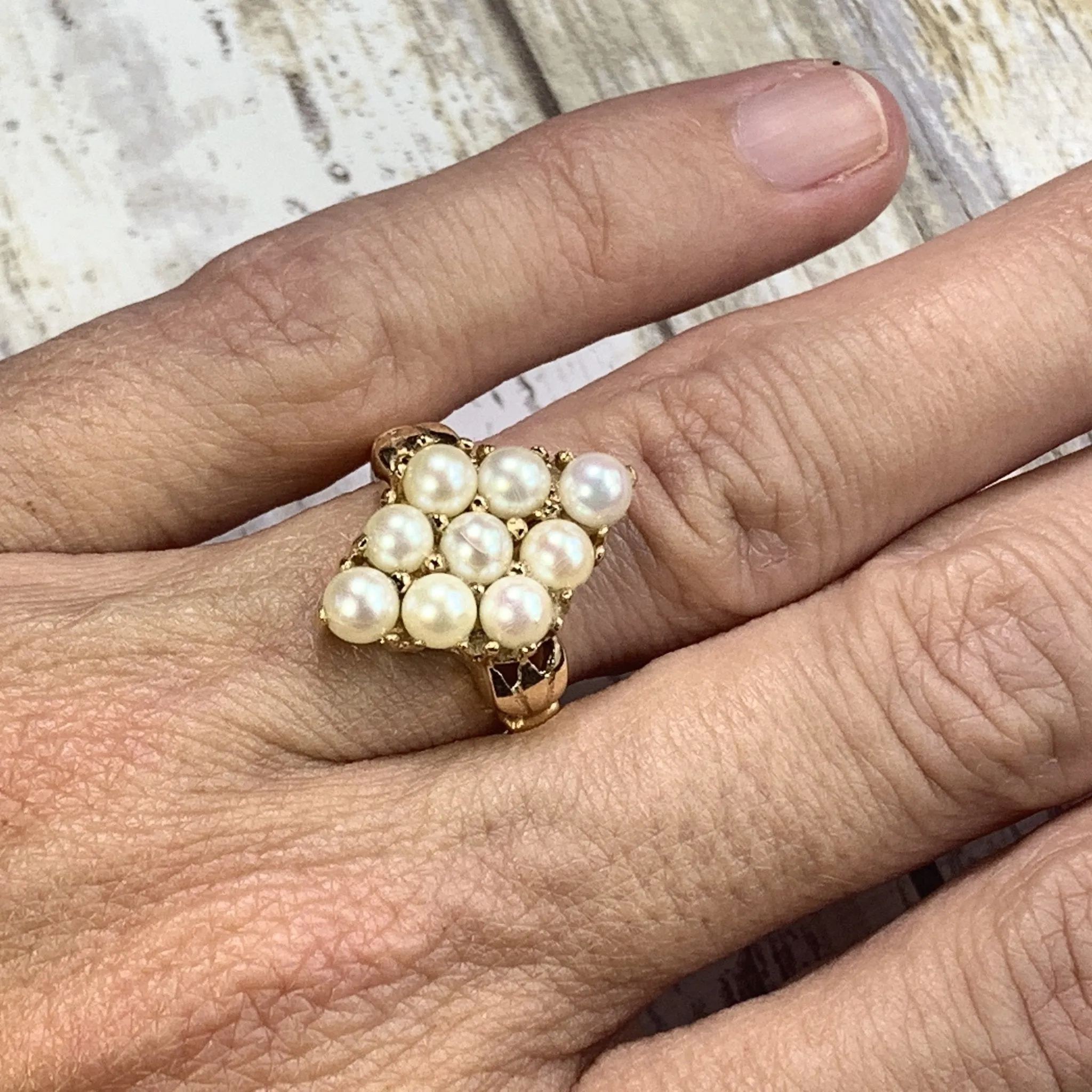 Pearl Cluster Ring in 14K Yellow Gold. Estate Jewelry.  June Birthstone. Unique Engagement Ring.