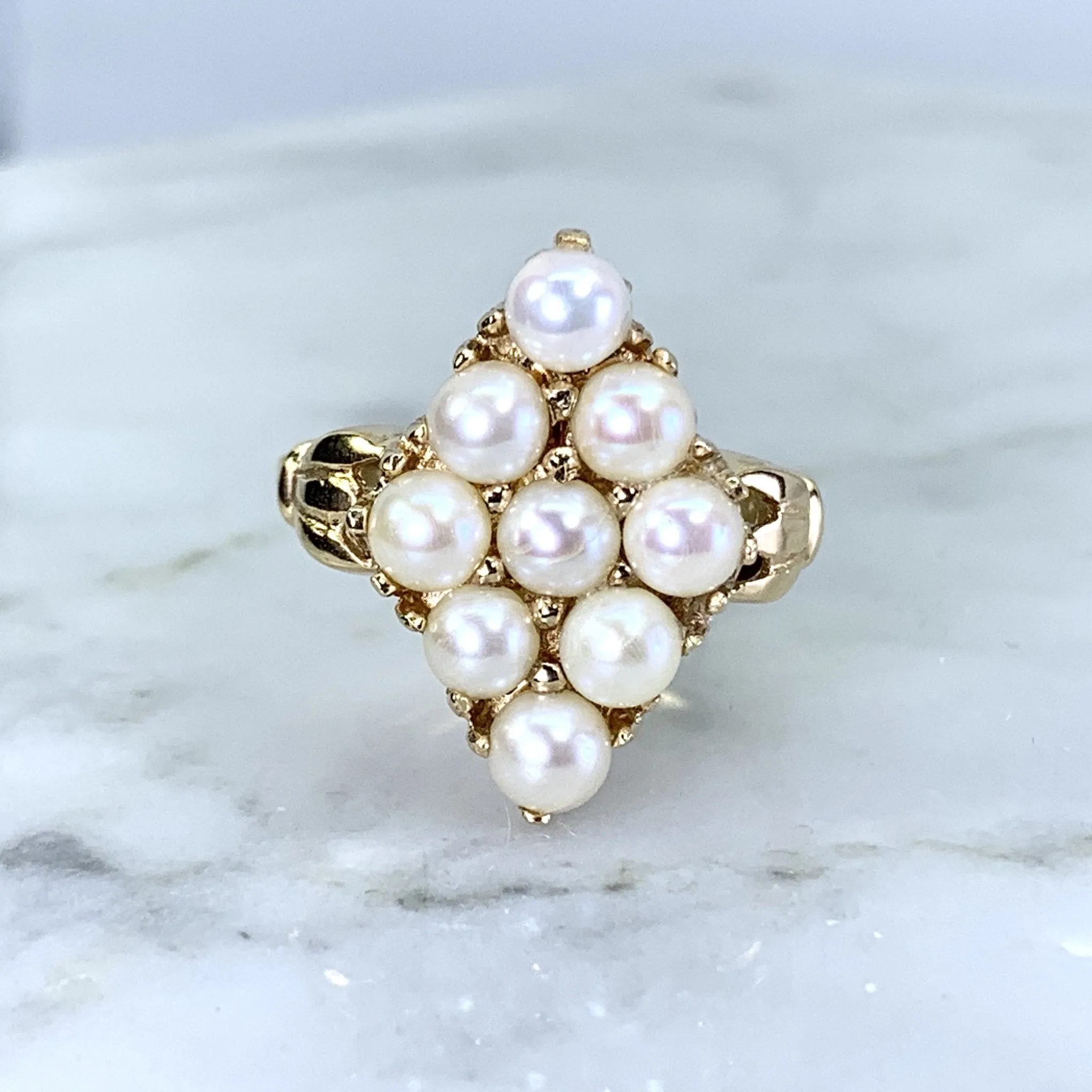 Pearl Cluster Ring in 14K Yellow Gold. Estate Jewelry.  June Birthstone. Unique Engagement Ring.