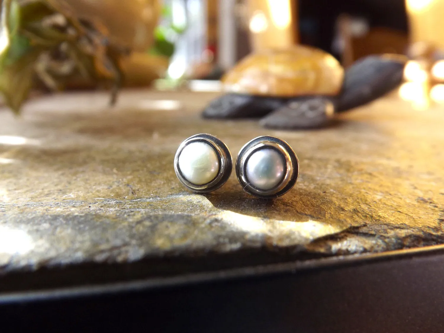 Pearl Sterling Silver Studs, Pearl Post Earrings Set In Recycled Oxidized Sterling Silver, Wedding Bridal Jewelry