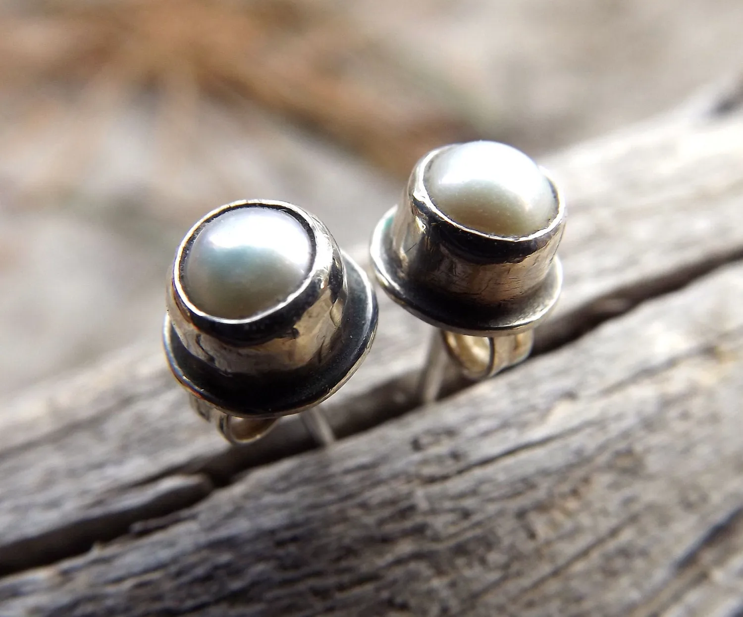 Pearl Sterling Silver Studs, Pearl Post Earrings Set In Recycled Oxidized Sterling Silver, Wedding Bridal Jewelry