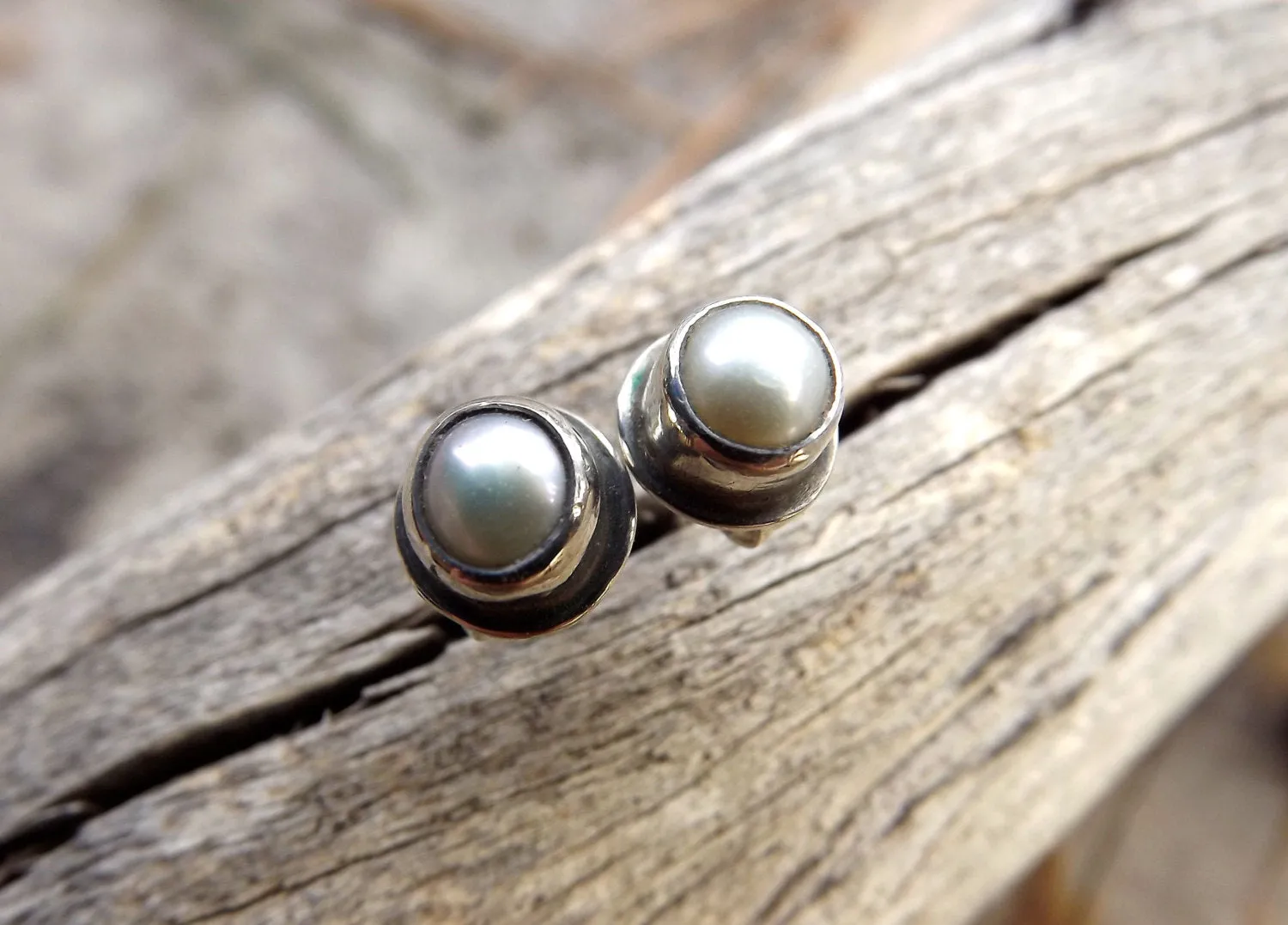 Pearl Sterling Silver Studs, Pearl Post Earrings Set In Recycled Oxidized Sterling Silver, Wedding Bridal Jewelry