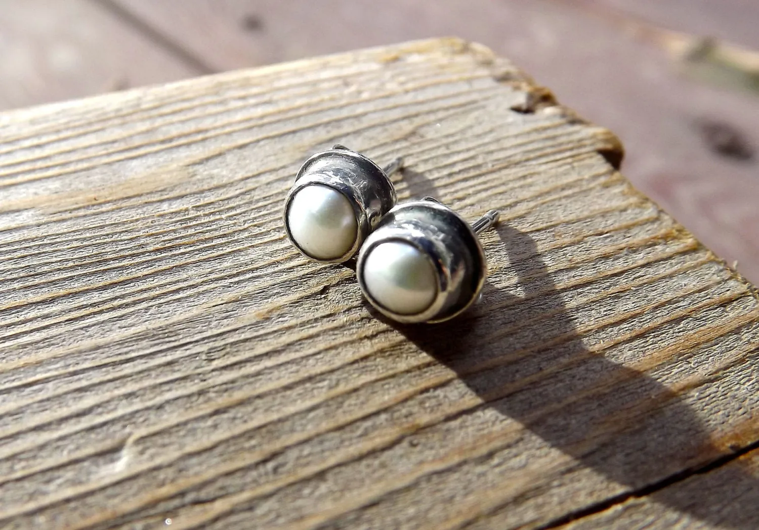 Pearl Sterling Silver Studs, Pearl Post Earrings Set In Recycled Oxidized Sterling Silver, Wedding Bridal Jewelry