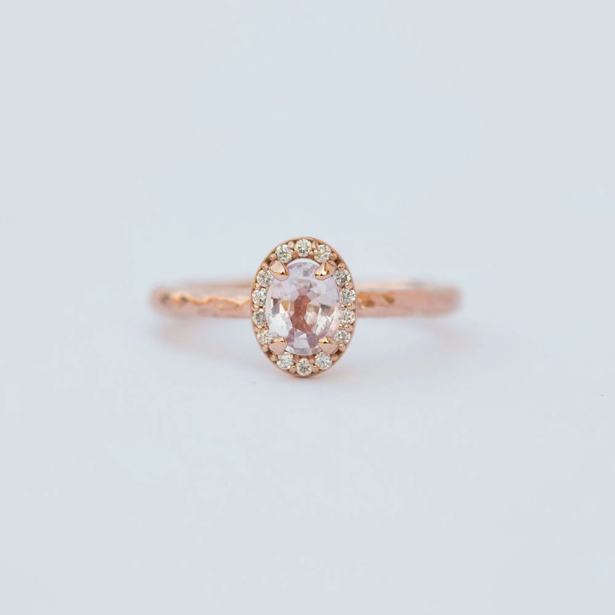 Pink Sapphire and Diamond Engagement Ring in Hand Carved Recycled Rose Gold Earthy Setting - Sapphire Engagement Ring by Anueva Jewelry