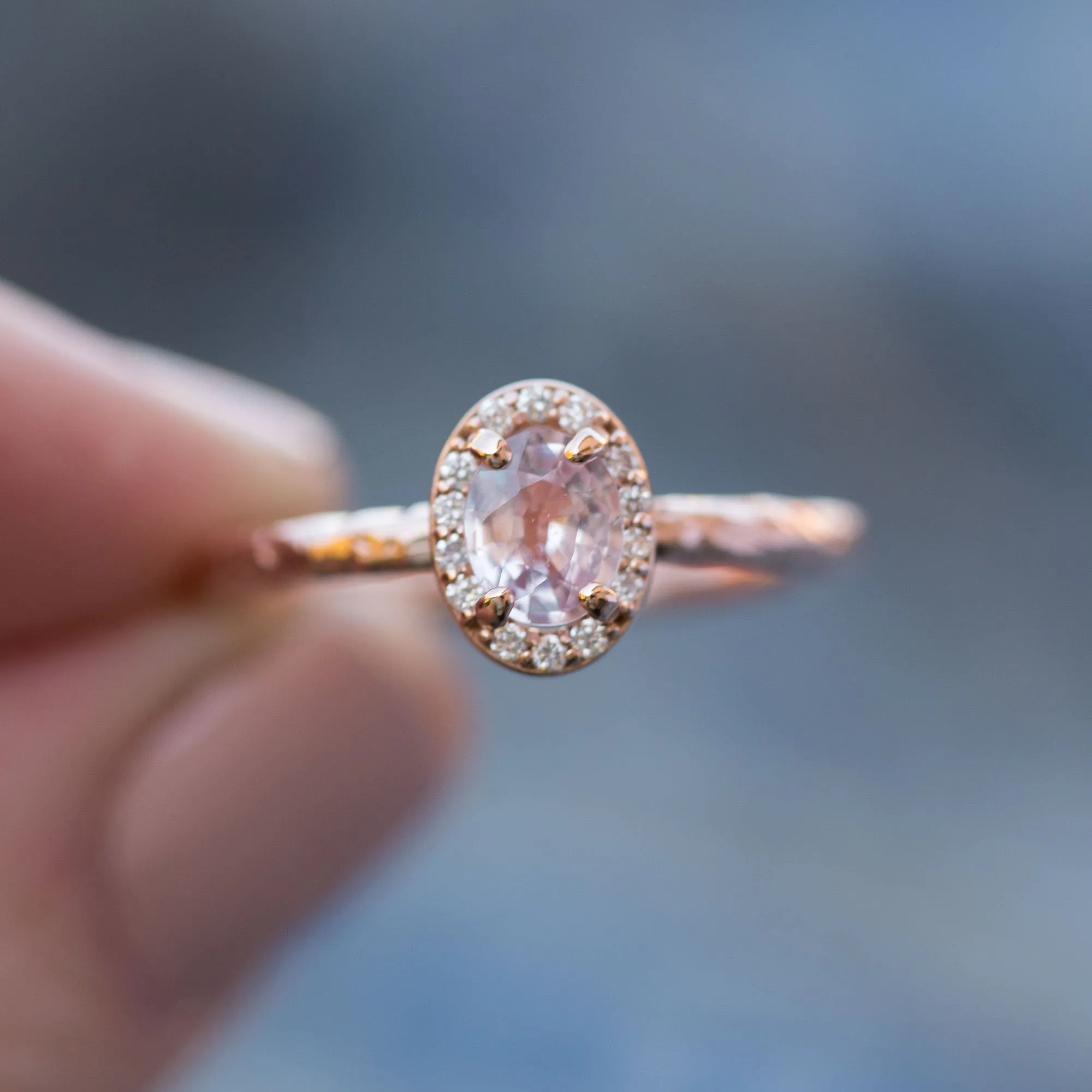 Pink Sapphire and Diamond Engagement Ring in Hand Carved Recycled Rose Gold Earthy Setting - Sapphire Engagement Ring by Anueva Jewelry