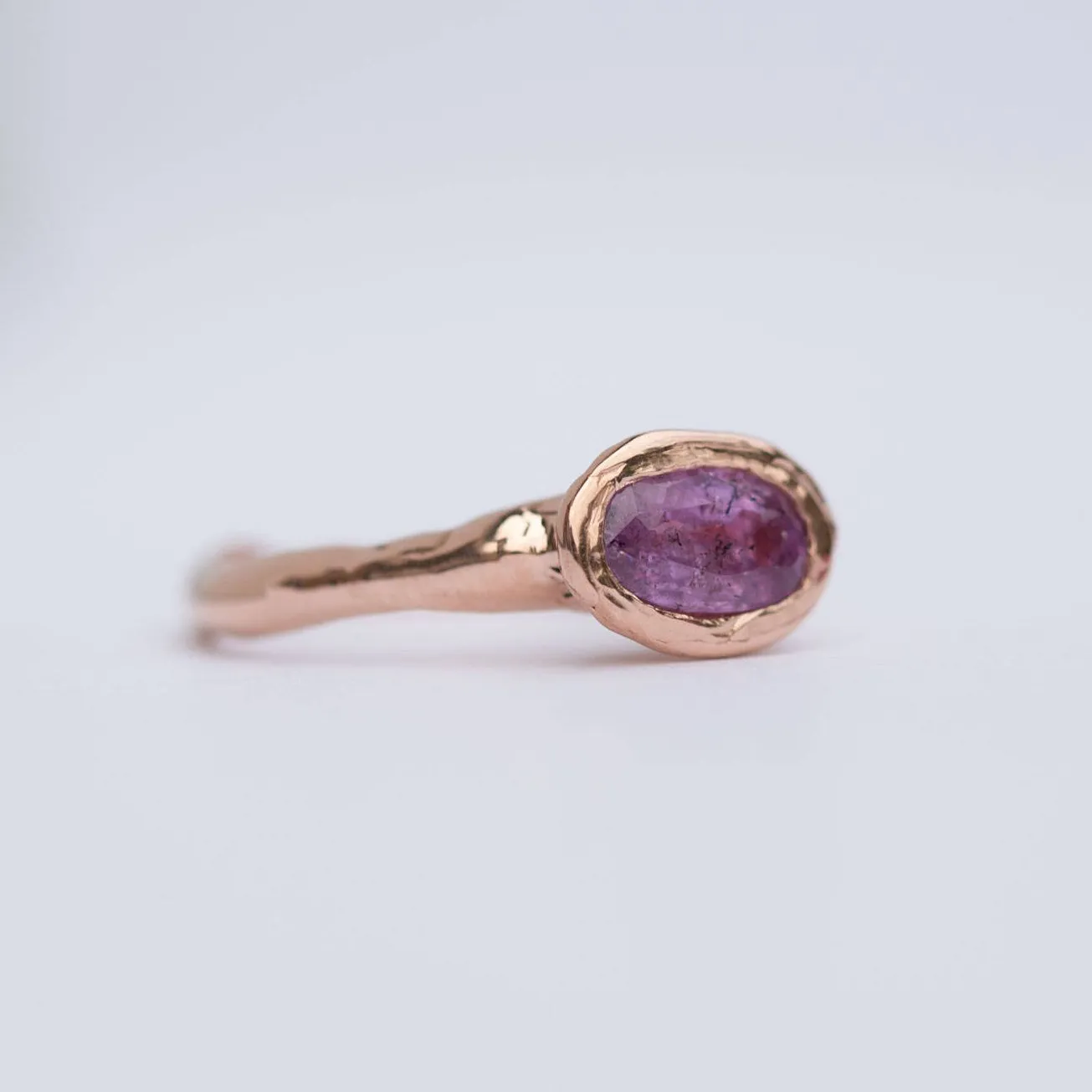 Pink Sapphire Rose Gold Ring - Hand carved rose gold ring in recycled gold - pink sapphire  -  Unique Engagement Ring by Anueva Jewelry