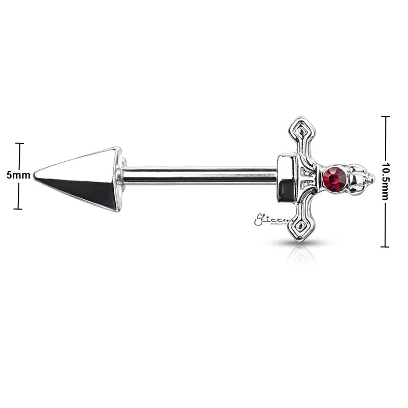 Red Gem Set Dagger Nipple Barbell - Silver