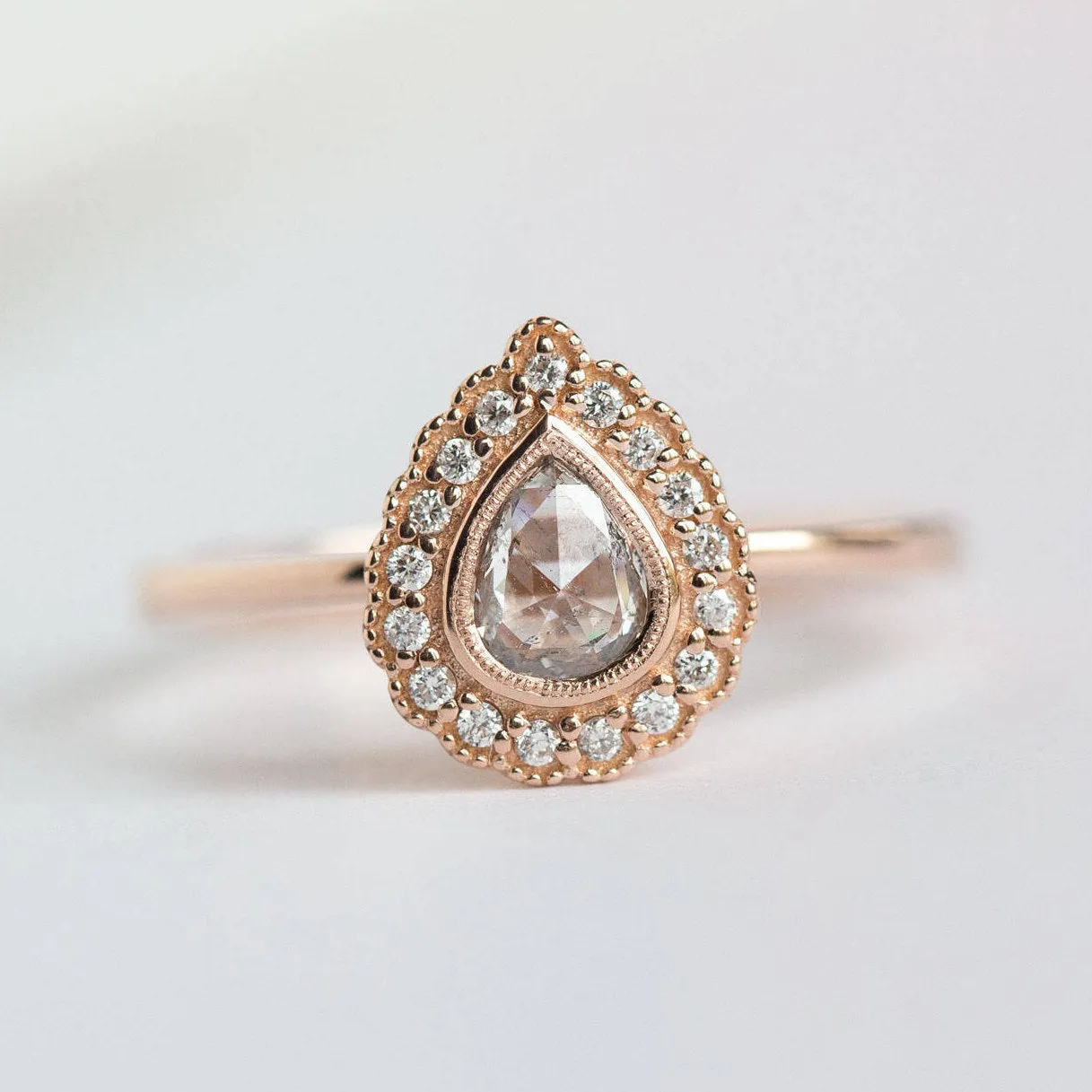 Rose Gold Pear Rosecut Diamond Antique Style Engagement Ring - Milgrain detail scalloped diamond halo with bezel set pear by Anueva Jewelry