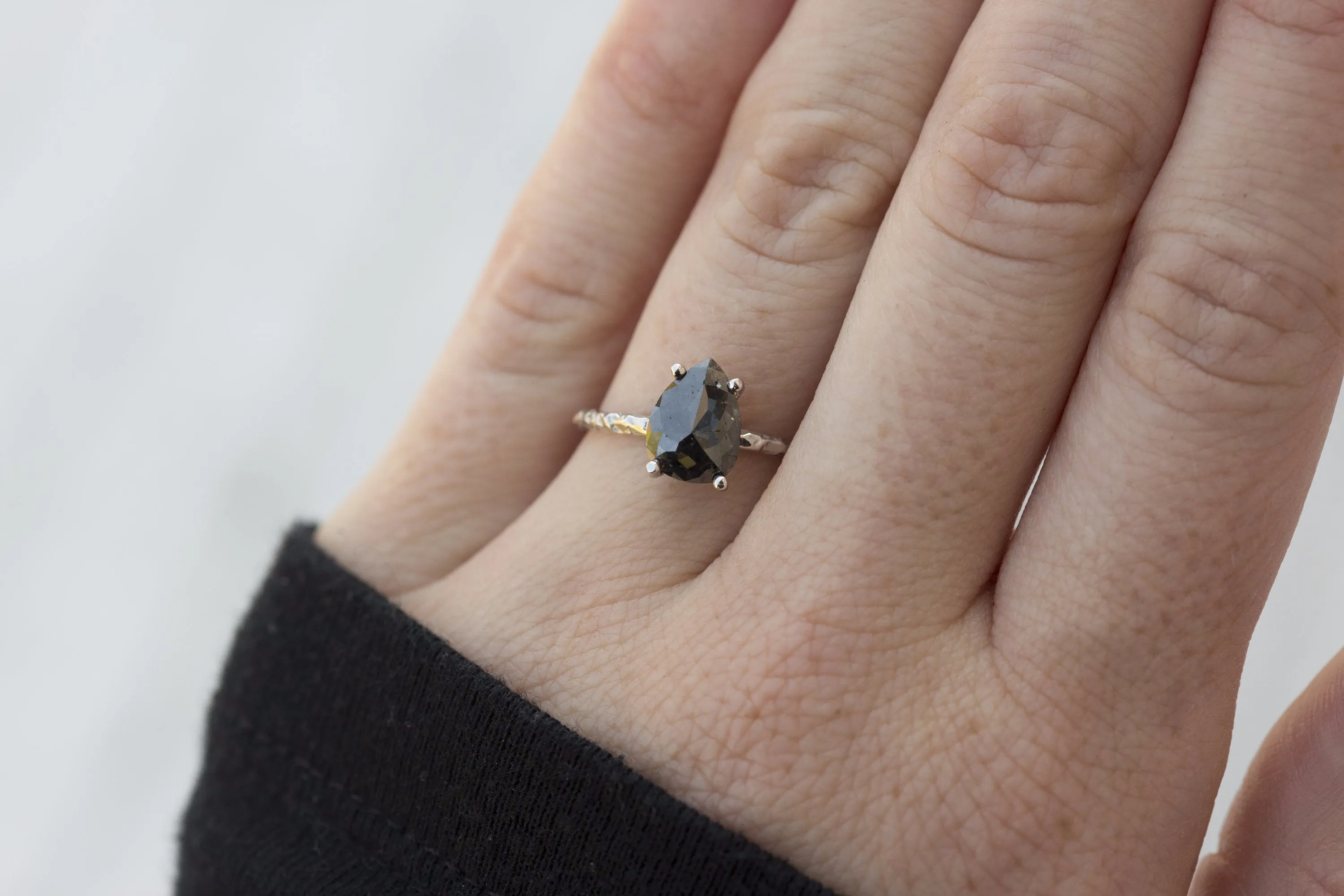 Rosecut Black Pear Diamond and Dainty Carved White Gold Solitaire Engagement Ring - Low Profile Rosecut Ring - Skinny Band - Hand carved by Anueva Jewelry