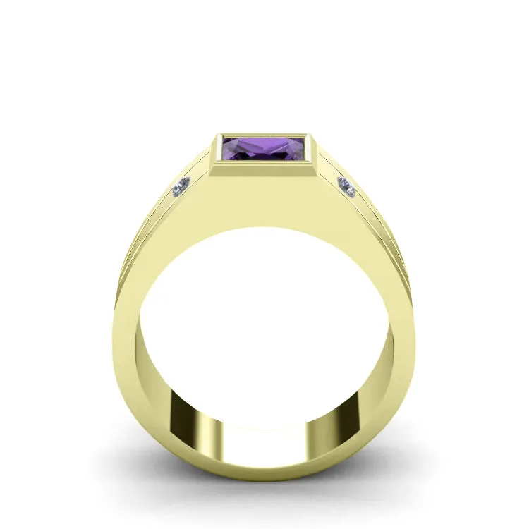 Solitaire Wedding Ring for Man Solid 14K Gold with 2 Diamond Accents Male Classic Jewelry