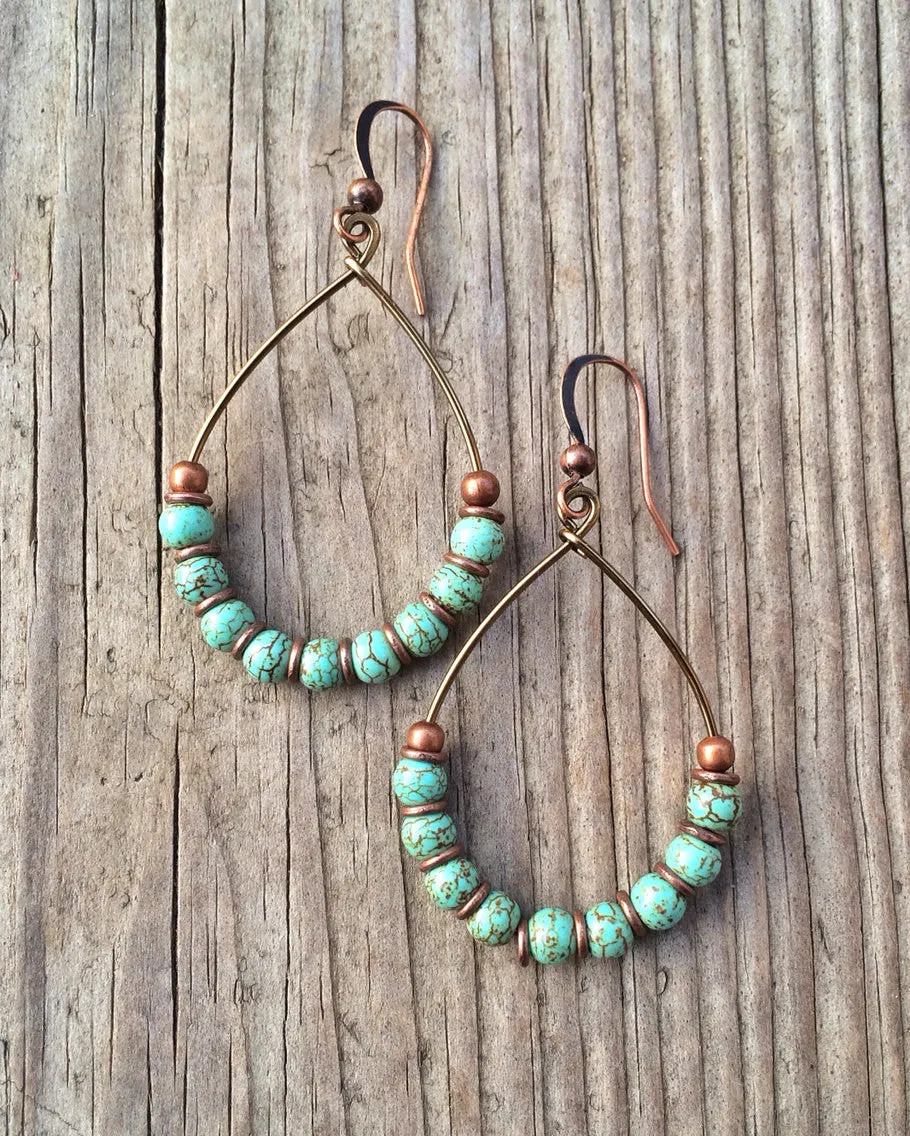 Turquoise Earrings, Copper Hoop Earrings