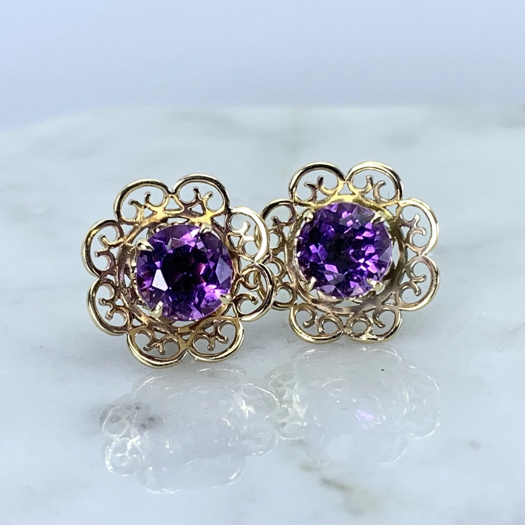 Vintage Amethyst Earrings set in a Yellow Gold Flower Setting. February Birthstone. Wedding Jewelry.